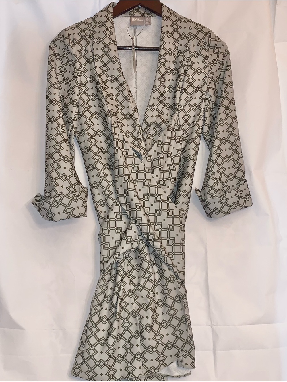 NWT ASOS Design Monogram Print Mini Tux Dress Size 4 Wrap Style, Cuffed Sleeves